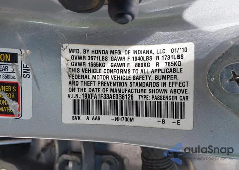 2010 Honda Civic Vp z USA, uszkodzony, nr VIN 19XFA1F33AE036126